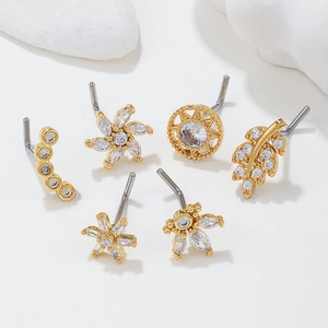 Set of 6 gold plated L-shaped stainless steel nose studs with sparkling zircon accents