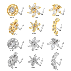 Surgical stainless steel L-shaped nose studs set with sparkling zircon in gold and silver
