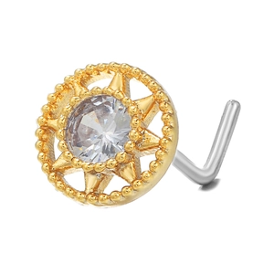 Golden sunburst L-shaped nose stud with sparkling cubic zirconia on a white background