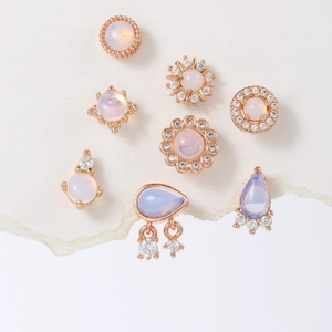 Lot de 8 boucles d'oreilles or rose en opale avec motifs fleurs et flocons de neige