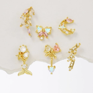 Boucles d'Oreilles Clous Français Cœur Papillon Étoile Lune Plaqué Or 18K Cuivre Zircone Piercing Bijoux Tige Acier Femme