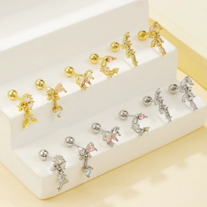 Boucles d'oreilles cœur en or 18 carats et argent avec zircons et fermoir à boule