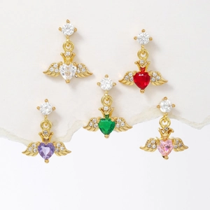 Colorful heart wings stainless steel ear studs with sparkling cubic zirconia stones