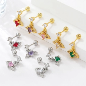 Colorful heart zircon angel wing stud earrings with stainless steel screw backs
