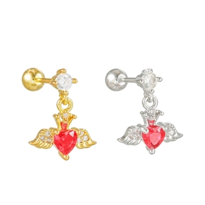 Detail of heart winged crown ear studs with red zircon in gold and silver plating