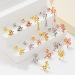 Sparkling gold-plated stud earrings collection with butterfly floral zircon charms