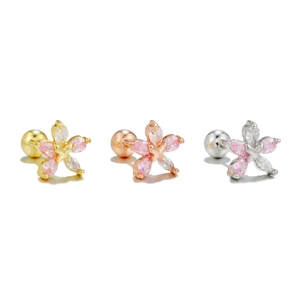 Detailed view of flower studs with marquise stones and screw-back ball closures