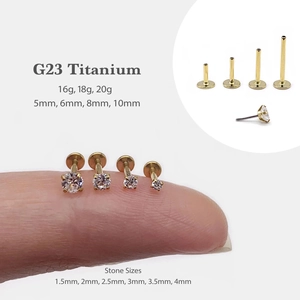 G23 titanium gold stud earring with four-prong set white zircon shown in multiple sizes