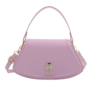 Elegant purple fan-shaped leather handbag with silver metallic detail and top handle