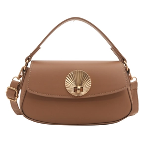 Classic brown leather underarm bag with gold shell buckle and adjustable strap