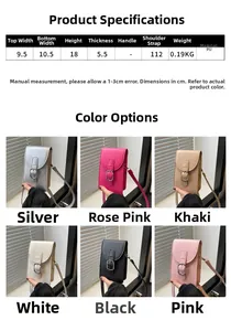 Detailed size chart and multi-color options for this minimalist PU leather mobile phone bag