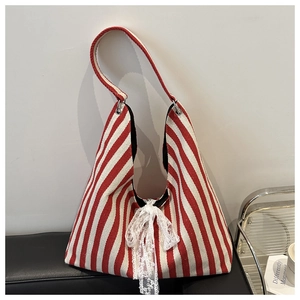 Large Capacity Canvas Stripe Tote Bag For Women With White Lace Bow Decoration Casual Shoulder Bag Summer Beach Travel Handbag