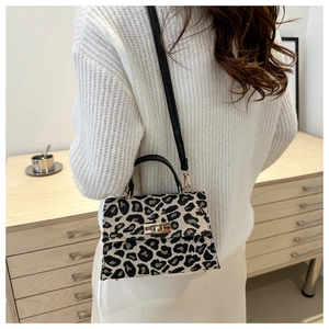 Detail of leopard print crossbody bag with gold metal twist lock and textured fabric