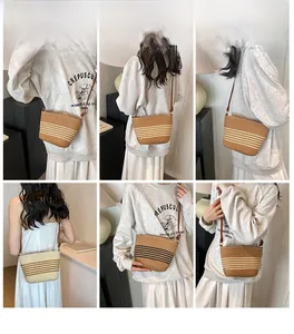 Detail shots of woven crossbody bags with striped patterns and leather straps on models