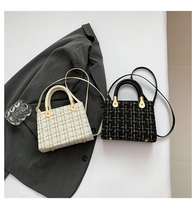 Détail de sacs bandoulière élégants en tweed blanc et noir avec des boucles dorées chic