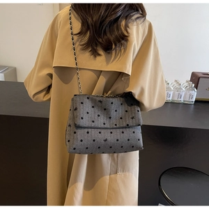 Retro grey polka dot woolen tote bag with bow embroidery and elegant chain strap