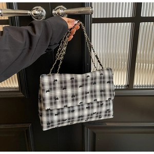 Retro black and white plaid tote bag with bow embroidery and elegant chain strap