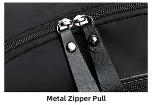 Detail der Metall-Reißverschlussschieber und Kunstleder-Laschen am schwarzen Nylon-Rucksack