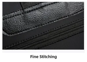 Nahaufnahme der präzisen feinen Nähte am schwarzen Rucksack aus Nylon und Leder