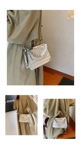 Détail de la texture crocodile argentée et poignée en perles sur ce sac carré brillant