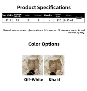 Detailed size specifications for woven straw bucket bag with lace embroidery