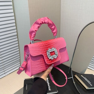 Women Fashion PU Leather Crocodile Pattern Shoulder Bag With Sparkling Rhinestone Square Buckle Ruched Handle Handbag