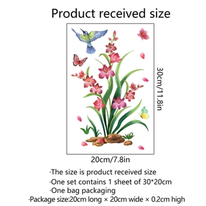 Floral wall sticker with pink flowers, hummingbird, and butterfly design, size 30x20cm