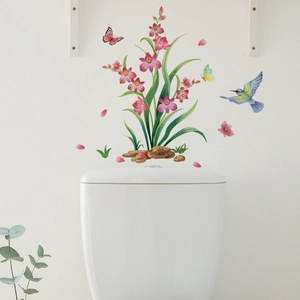 Self-adhesive floral wall stickers with pink orchid, hummingbird, and butterfly design