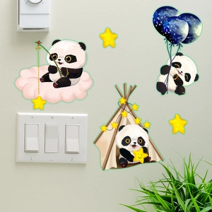 Glow in the dark panda wall stickers with balloon and star motifs for bedroom decor
