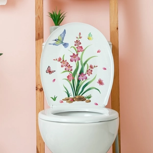 Watercolor Flower Vine Bird Butterfly Toilet Lid Sticker Waterproof Removable PVC Bathroom Wall Decal Home Art Decor