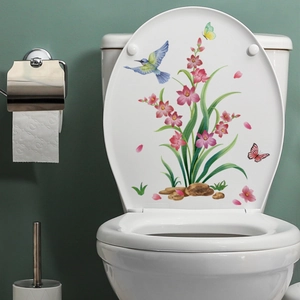 Waterproof floral toilet seat sticker with watercolor birds and butterflies decor