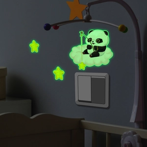 Luminous panda fishing stars wall sticker glowing on light switch in dark bedroom