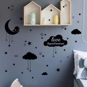 Stickers muraux lune nuages et étoiles noirs avec citation pour chambre d'enfant
