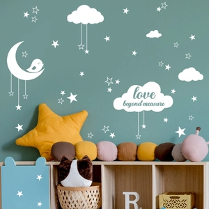 Stickers muraux lune nuages et étoiles blancs pour décoration chambre d'enfant