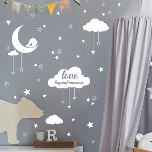Stickers muraux lune nuages étoiles avec texte décoratif pour chambre d'enfant moderne