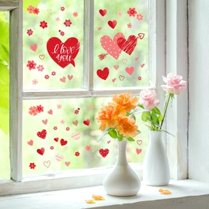 Valentine's Day Romantic Heart Flower Window Stickers Static Cling PVC Decals Home Room Decoration Love Theme