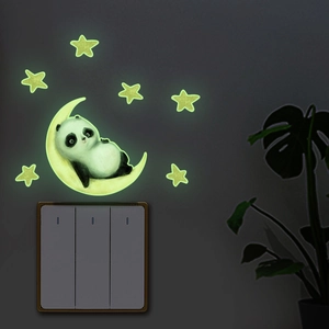 Luminous panda on crescent moon and stars wall sticker glowing yellow-green in the dark