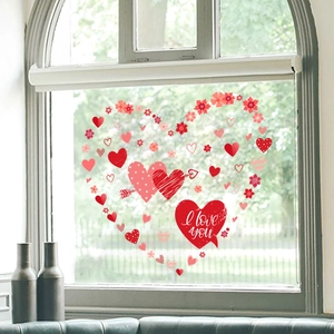 Detail of heart and flower static window stickers with I love you text for Valentine decor