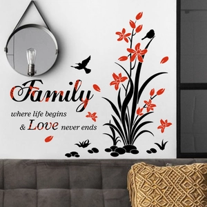 Modern floral family wall decal with birds and quote for home living room decor