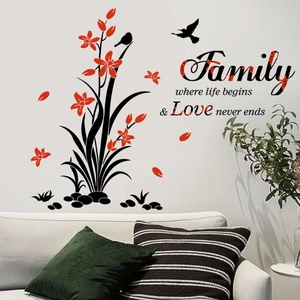 Family quote wall decal with black vines and red flowers for living room decor