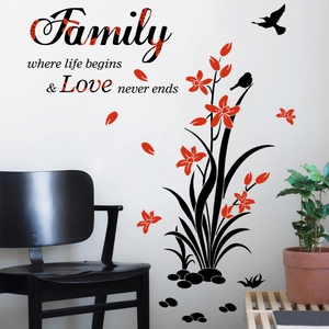 Detail of Family Quote wall sticker with red flowers and birds in home setting