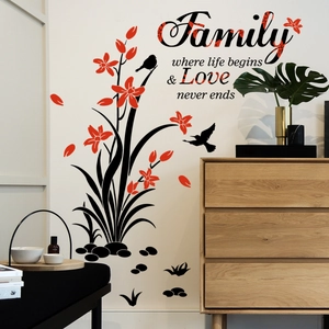 Wall sticker detail showing Family quote with black floral vine and red birds
