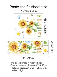 Detailed size guide for sunflower and bear wall stickers with layout and finish dimensions