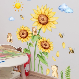 Sunflower and bear wall stickers for kids' rooms in a cozy watercolor style decor