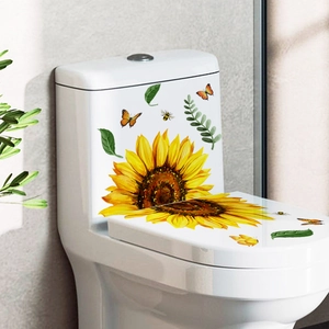 Waterproof sunflower bathroom sticker with orange butterfly and bee on white toilet lid