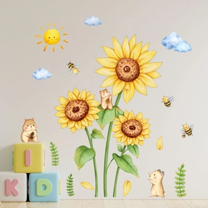 Sunflower bear and bee watercolor wall stickers for kids room decor with sun and hamsters
