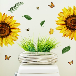 Sunflower and butterfly wall stickers applied on bathroom wall above toilet decoration