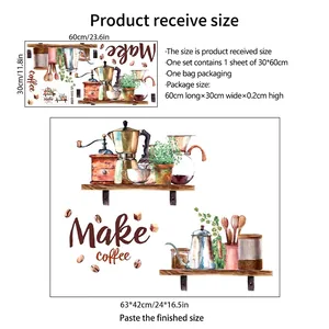 Size chart showing dimensions for self-adhesive vintage coffee themed wall stickers