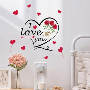 Self-adhesive Valentine wall sticker with red roses, hearts and I Love You text for home decor