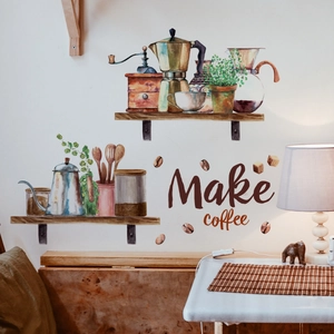Retro Coffee Theme Watercolor Wall Sticker PVC Self Adhesive Mocha Pot Grinder Mural For Kitchen Restaurant Cafe Home Decor